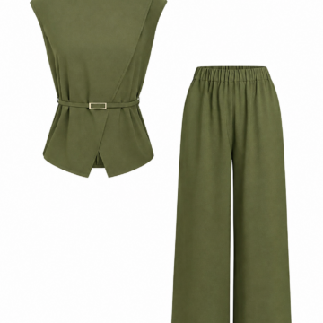 Olive Green Sleeveless Belted Peplum Top and Wide-Leg Pants Two-Piece Set