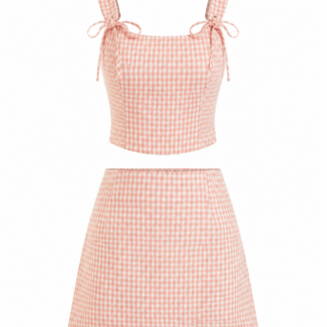 Pink Gingham Bow Strap Crop Top and Mini Skirt Set