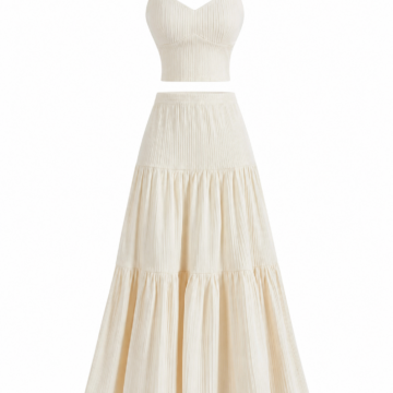 Cream Ribbed Knit Crop Cami and Tiered Maxi Skirt Set