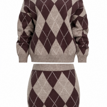 Taupe Argyle Off-Shoulder Sweater and Mini Skirt Set