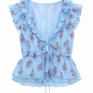 Light Blue Floral V-Neck Ruffle Peplum Sleeveless Top