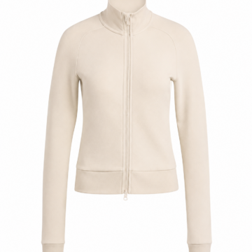 Light Beige Fitted Track Jacket with Stand Collar and Zip Front
