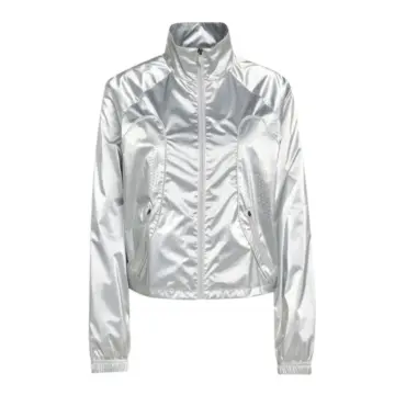 Metallic Silver Cropped Track Jacket with Side Pockets
