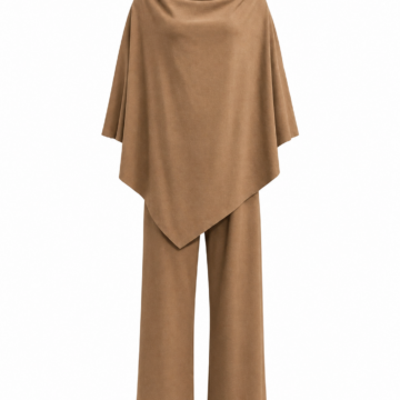 Camel Brown Cowl-Neck Poncho Top and Wide-Leg Pants Two-Piece Set