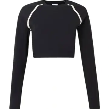 Black Long-Sleeve Cropped Top with White Piping