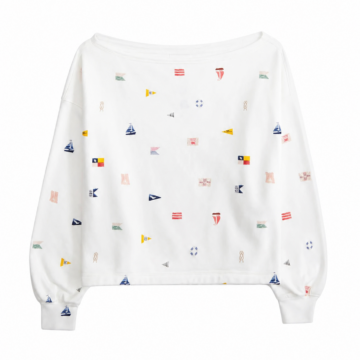 White Nautical Flag Print Off-the-Shoulder Cropped Sweatshirt