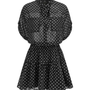 Black Polka Dot Tie-Neck Mini Dress with Balloon Sleeves