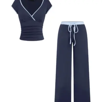 Navy Blue Two-Piece Set with V-Neck Top and Wide-Leg Pants