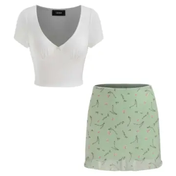 White V-Neck Crop Top and Floral Mini Skirt Set
