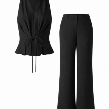 Black Sleeveless Collared V-Neck Top and Wide-Leg Pants Two-Piece Set