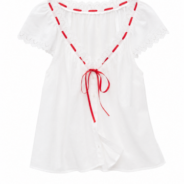White Off-the-Shoulder Lace Ribbon Tie Blouse