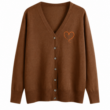 Brown V-Neck Button-Front Cardigan with Heart Motif