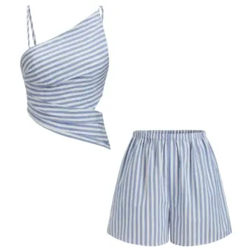 Blue and White Striped Two-Piece Set with Ruched Crop Top and Wide-Leg Shorts
