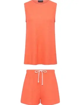 Coral Sleeveless Tunic and Shorts Set with Drawstring