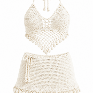 Cream Crochet Halter Bralette and Mini Skirt Set