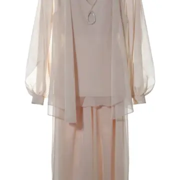 Light Beige Chiffon Overlay Top and Maxi Skirt Set with Rhinestone Brooch