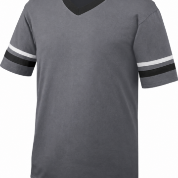 Grey V-Neck T-Shirt with Black Collar and Sleeve Stripes