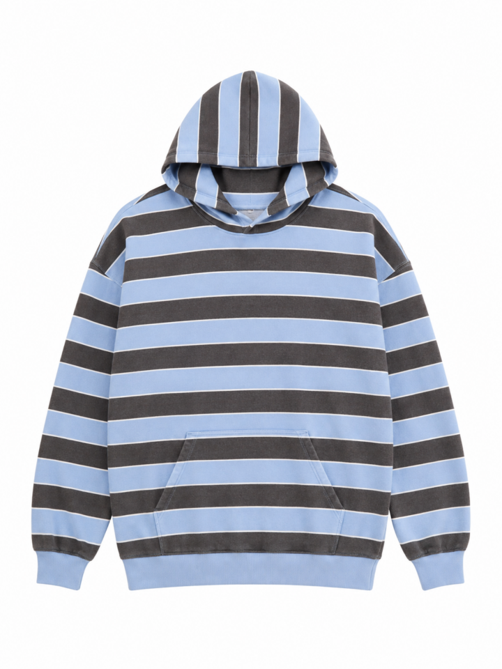 Blue and Charcoal Striped Pullover Hoodie