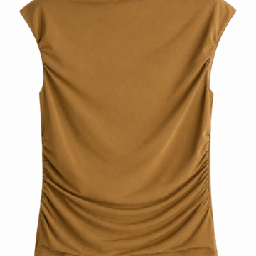 Brown Fitted Cap Sleeve Top with Scoop Neck and Ruching