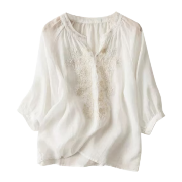 White Floral Lace Panel Boho Blouse with 3/4 Sleeves