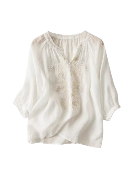 White Floral Lace Panel Boho Blouse with 3/4 Sleeves