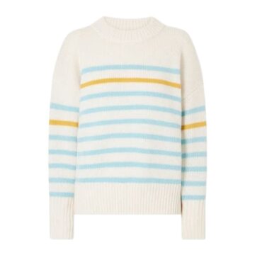 Cream Crewneck Sweater with Light Blue and Mustard Stripes